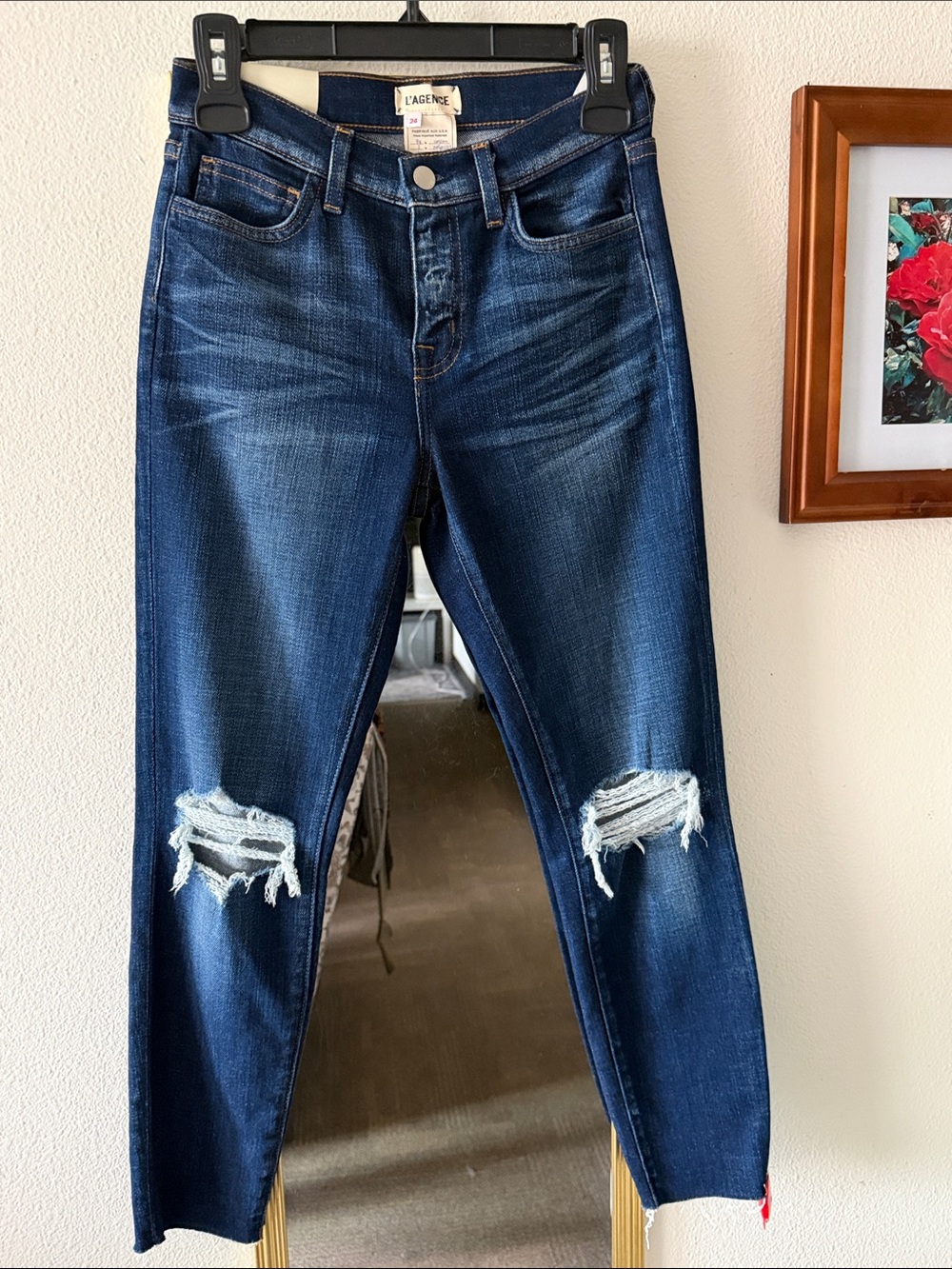 L'AGENCE Skinny Jeans in Dark Indigo with Contrast Stitching & Frayed Design